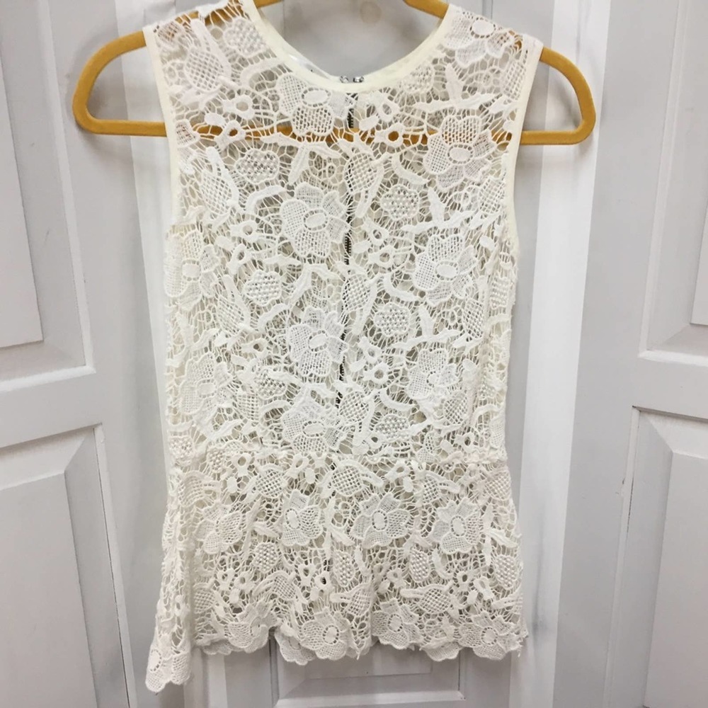 CAbi White Crocheted Lace Sheer Peplum Top - Picture 2 of 16